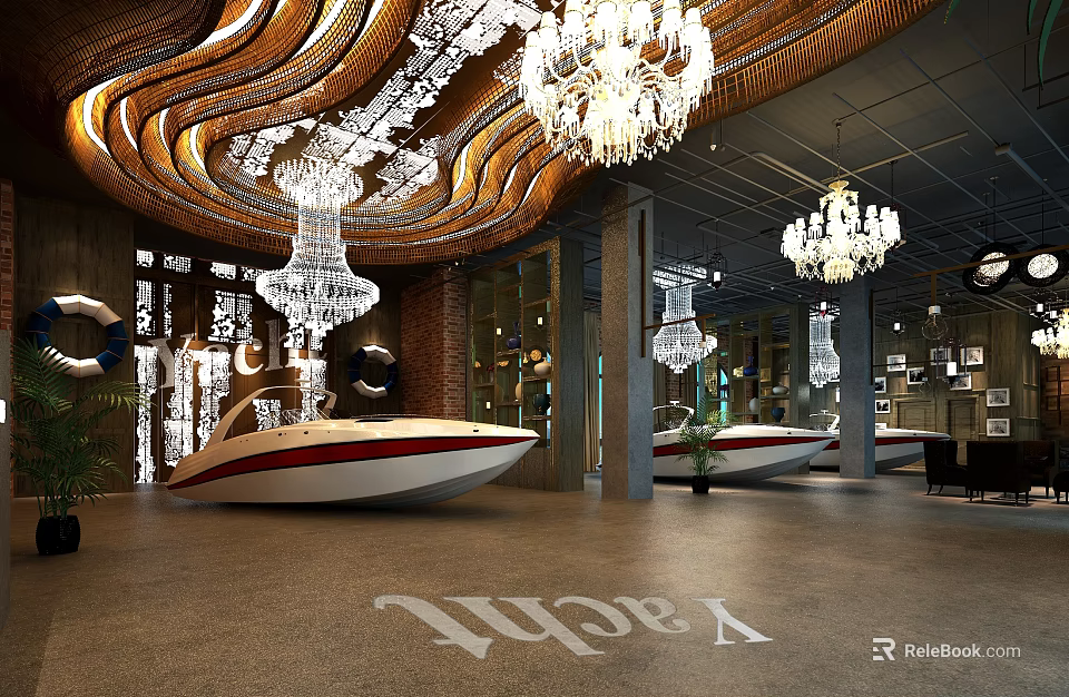 Luxury Interior Space With Yacht Decor And Chandeliers 3d model 