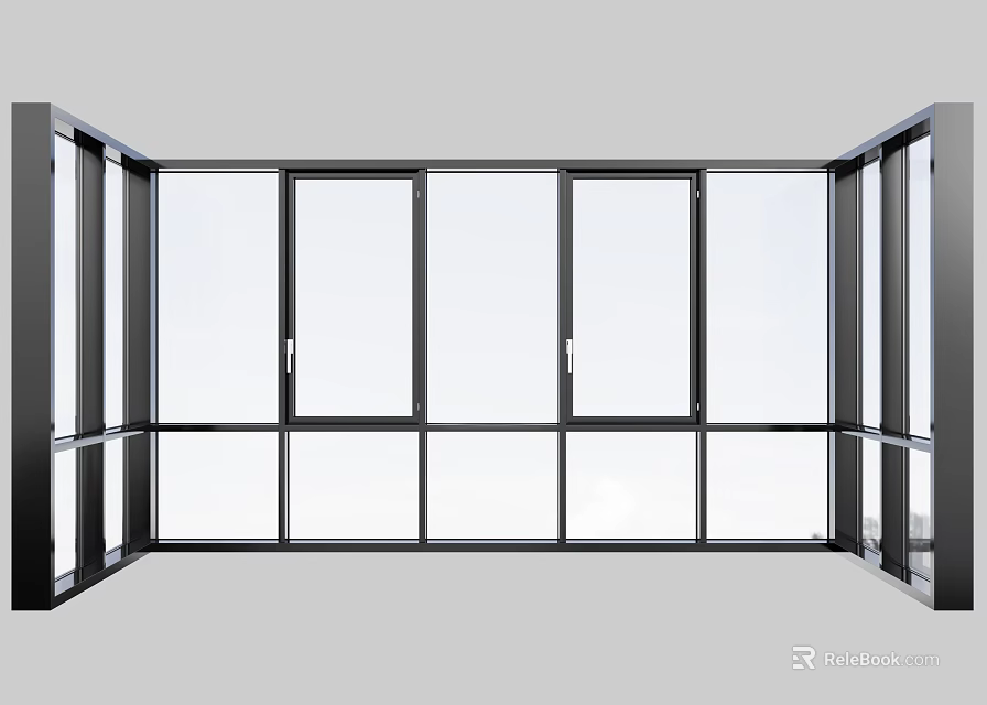 Modern Floor To Ceiling Windows With Large Glass Panels And Black Frames 3d model 