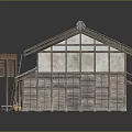 Traditional Japanese Building Models Featuring Gray Roofs Blue Facades White Symbols in Connected Row