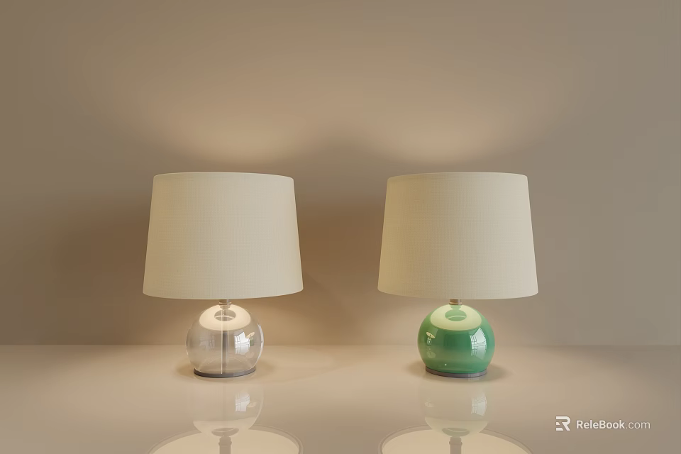 Modern Simple Table Lamps With Two Silver And Green Bases And Beige Fabric Shades 3d model 