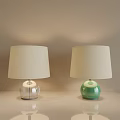 Modern Simple Table Lamps With Two Silver And Green Bases And Beige Fabric Shades