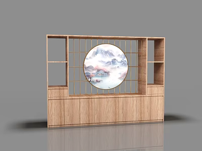 Wooden Display Shelf With Circular Landscape Painting And Open Shelving Design 3d model