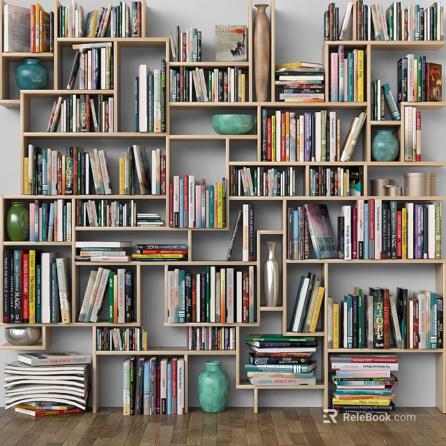 Stylish Bookshelf Display With Decorative Ornament Combination And Assorted Books 3d model 