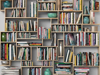 Stylish Bookshelf Display With Decorative Ornament Combination And Assorted Books 3d model