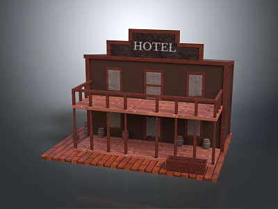 Rustic Hotel Interior Design With Wooden Structure Balcony And Decorative Barrels 3d model