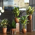 Potted Plants Interior Decoration With Brown Ceramic Pots Gray Wall And Hanging Lights