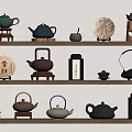 Elegant Traditional Chinese Tea Wares Displayed on Wooden Shelves with Ceramic Teapots Teacups and Canisters