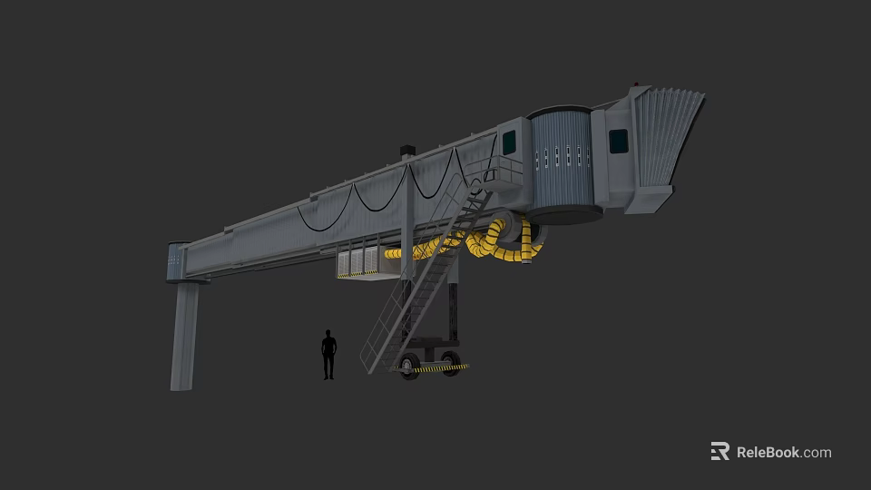 Airplane Boarding Bridge Featuring Mobile Staircase and Illuminated Ground Support Systems 3d model