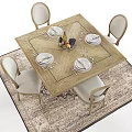 Wooden Dining Table Set With Upholstered Chairs Tableware Wine Bottles And Fruits On Decorative Rug