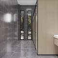 Modern Men's Public Restroom With Gray Tiled Walls White Urinals Wooden Stalls And Bright Lighting