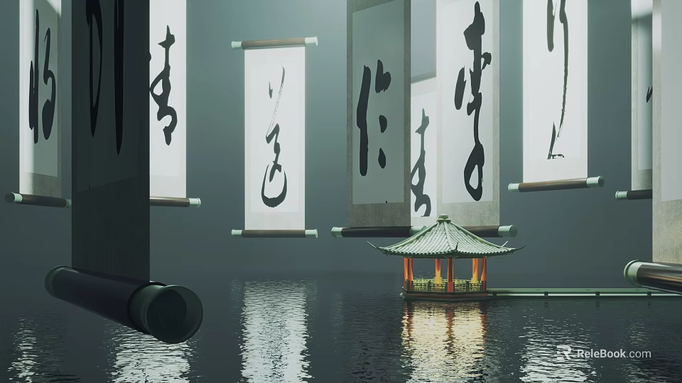 Traditional Chinese Calligraphy Scrolls With Waterfront Pavilion On Calm Water 3d model 