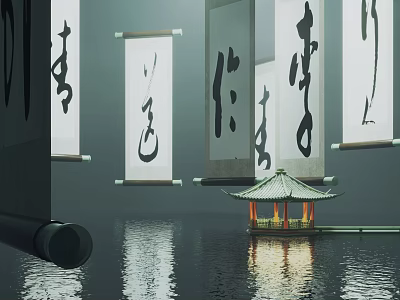 Traditional Chinese Calligraphy Scrolls With Waterfront Pavilion On Calm Water 3d model