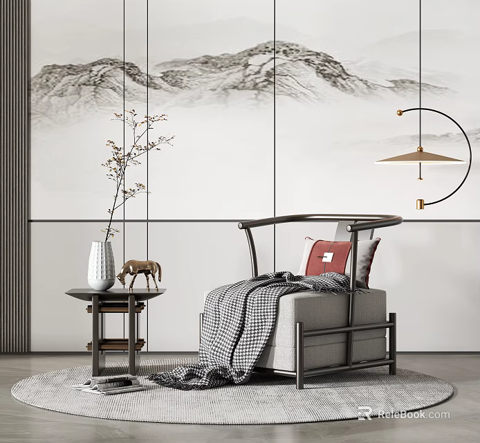 Modern Single Sofa with Red Cushion Gray Blanket and Side Table White Vase Deer Ornament 3d model 