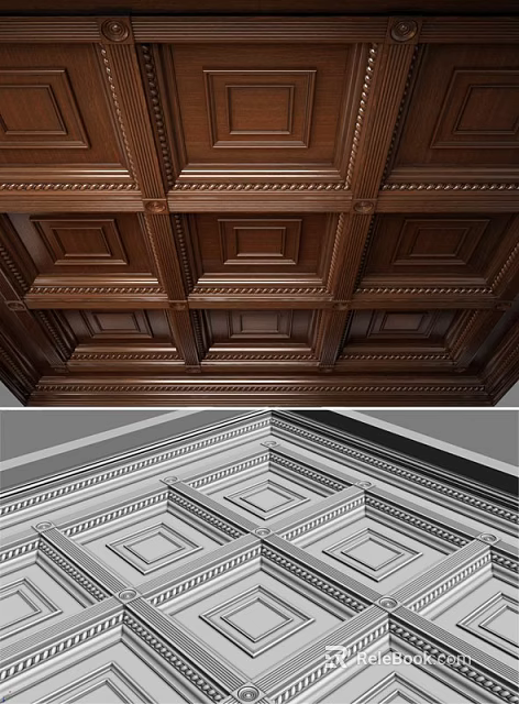 Elegant Wooden Ceiling Design With Intricate Carved Panels And Decorative Grid Patterns 3d model 