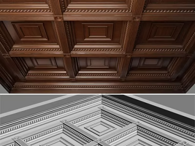 Elegant Wooden Ceiling Design With Intricate Carved Panels And Decorative Grid Patterns 3d model