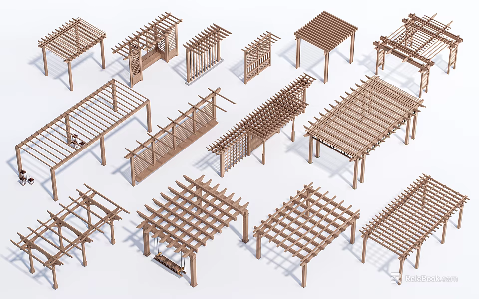 Wooden Pergola Designs Featuring Various Grid Structures And Different Outdoor Styles 3d model