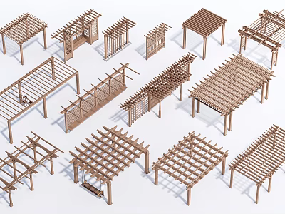 Wooden Pergola Designs Featuring Various Grid Structures And Different Outdoor Styles 3d model