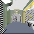 Artistic Playground Featuring Black White Striped Walls Floors Colorful Cones Yellow Bordered Windows Circular Decorations