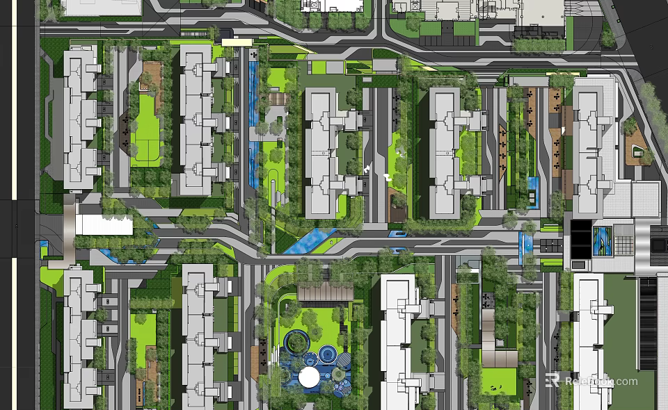 Urban Residential Landscape Design With Green Spaces Paths And Building Layout 3d model 