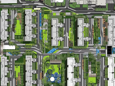 Urban Residential Landscape Design With Green Spaces Paths And Building Layout 3d model