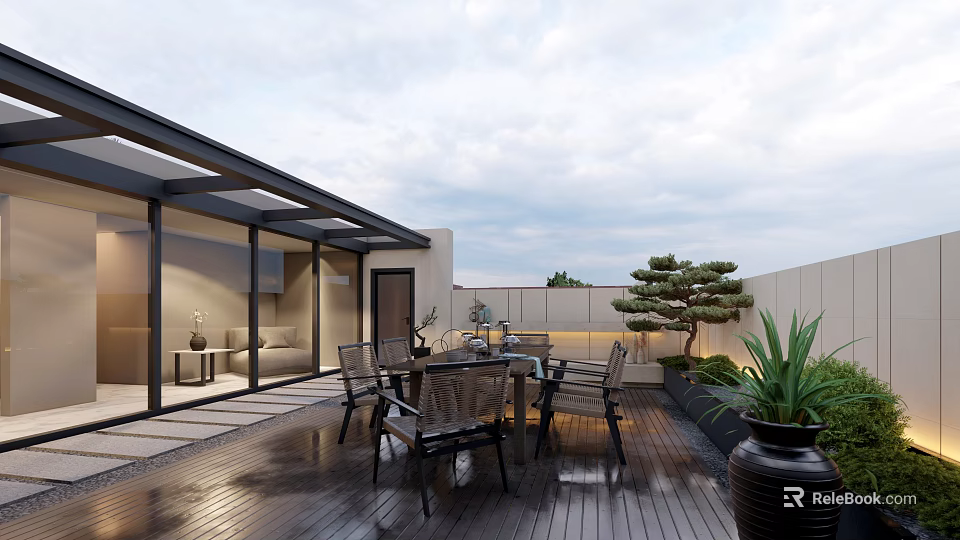 Roof Garden Relaxation Space with Wooden Deck Dining Table Chairs Glass Pergola and Potted Plants 3d model 