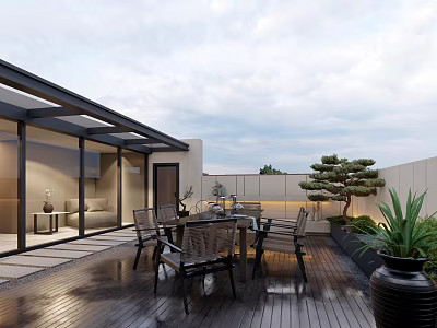 Roof Garden Relaxation Space with Wooden Deck Dining Table Chairs Glass Pergola and Potted Plants 3d model