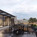Roof Garden Relaxation Space with Wooden Deck Dining Table Chairs Glass Pergola and Potted Plants