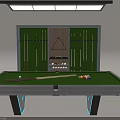 Modern Billiard Table With Green Felt Surface Cue Sticks Billiard Balls And Wall Cue Rack
