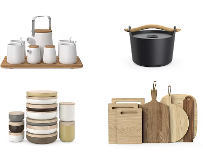 Kitchenware Set With Wooden Handles Ceramic Cups Stackable Containers And Wooden Cutting Boards 3d model