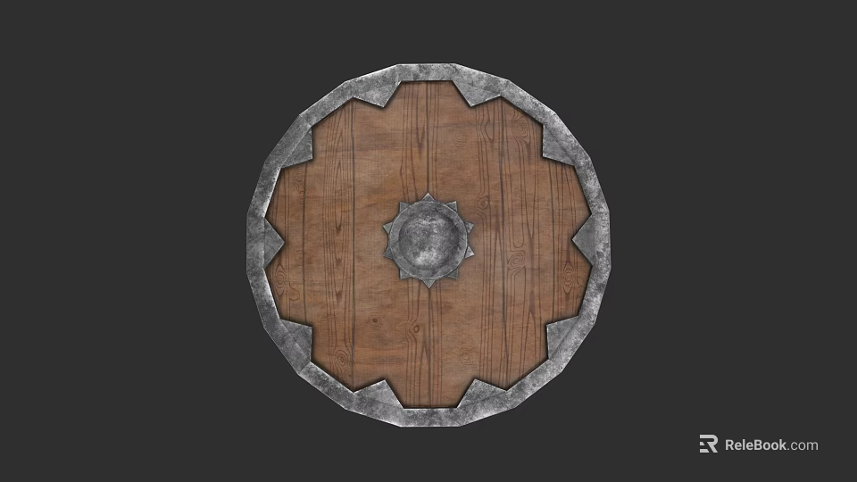 Round Medieval Shield With Wooden Surface Metal Emblem And Decorative Edges 3d model 