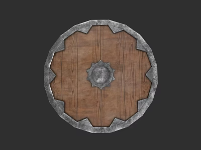 Round Medieval Shield With Wooden Surface Metal Emblem And Decorative Edges 3d model