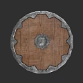 Round Medieval Shield With Wooden Surface Metal Emblem And Decorative Edges
