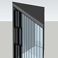 Modern Commercial Complex Featuring Glass Curtain Wall Sloped Roof And Vertical Lines