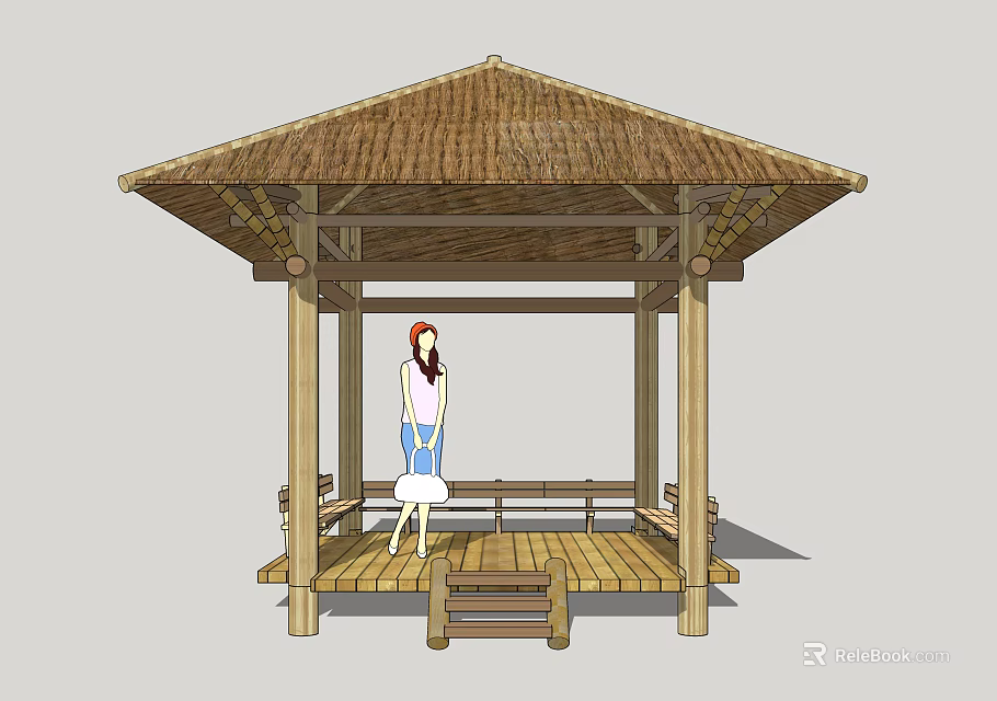 Traditional Bamboo Pavilion With Thatched Roof Wooden Frame And Standing Person Inside 3d model 