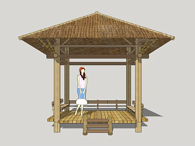 Traditional Bamboo Pavilion With Thatched Roof Wooden Frame And Standing Person Inside 3d model