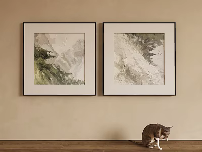 Two Square Black Framed Abstract Paintings Hanging On Beige Wall For Interior Decor 3d model