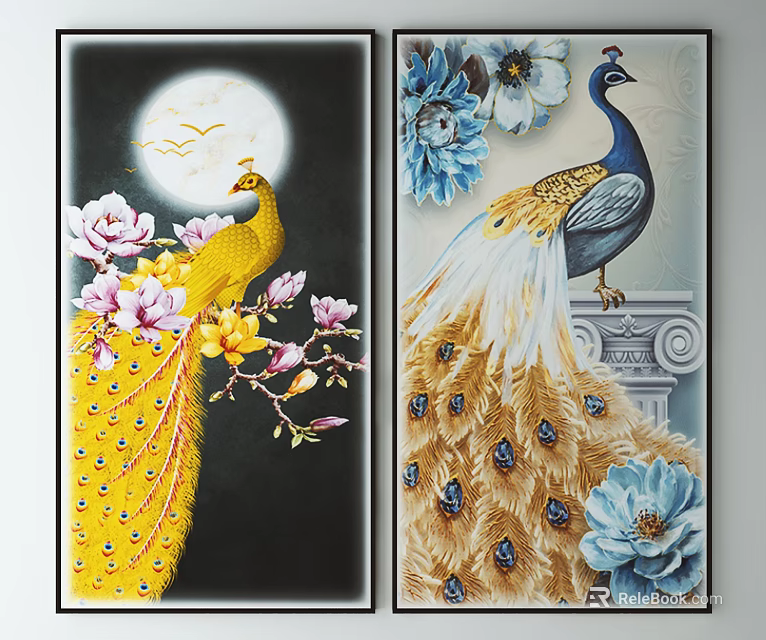 Vibrant Peacock Decorative Paintings With Yellow Blue Flowers Moon And Birds 3d model 