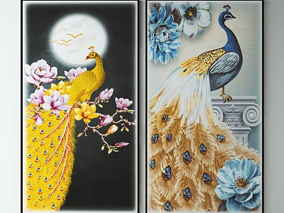 Vibrant Peacock Decorative Paintings With Yellow Blue Flowers Moon And Birds 3d model