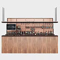 Elegant Bar Interior With Wooden Counter Copper Shelves Bottles And Glasses