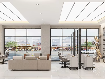 Modern Beauty Salon Interior with Large Windows Street View Comfortable Sofa and Salon Chairs 3d model