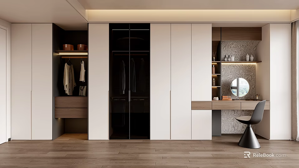 Modern Wardrobe Design With Glass Doors Storage Cabinets And Dressing Table 3d model 