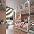 Playful Pink Kids Room Interior With Bunk Bed Desk And Arched Storage Design