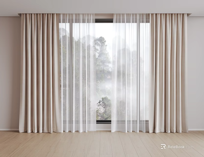 Beige Linen Curtains With Sheer Layer And Window Trees View In Light Room 3d model 