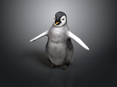 Baby Penguin Standing With Outstretched Wings Gray Body White Belly Yellow Beak On Dark Surface 3d model