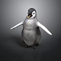 Baby Penguin Standing With Outstretched Wings Gray Body White Belly Yellow Beak On Dark Surface