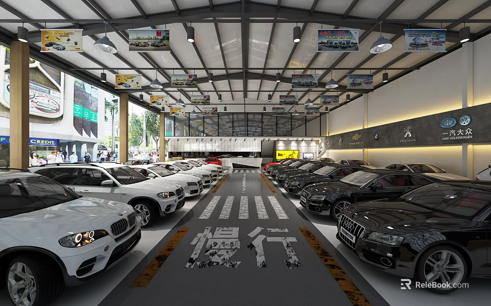 Indoor Car Showroom With Various Cars Parked Both Sides Central Lane And Ceiling Banners 3d model 
