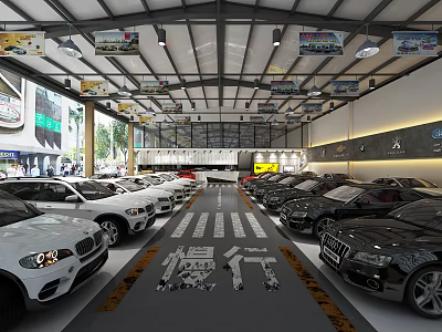 Indoor Car Showroom With Various Cars Parked Both Sides Central Lane And Ceiling Banners 3d model