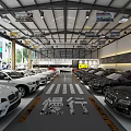 Indoor Car Showroom With Various Cars Parked Both Sides Central Lane And Ceiling Banners