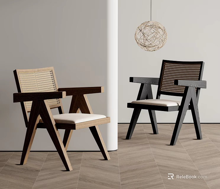 Modern Minimalist Dining Chairs With Rattan Backrests Armrests And Light Dark Wood Frames 3d model 