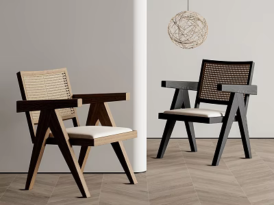 Modern Minimalist Dining Chairs With Rattan Backrests Armrests And Light Dark Wood Frames 3d model
